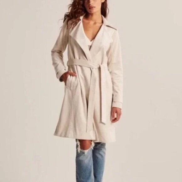 Abercrombie & Fitch Cream Vegan Suede Trench Coat Size Small - Picture 12 of 14